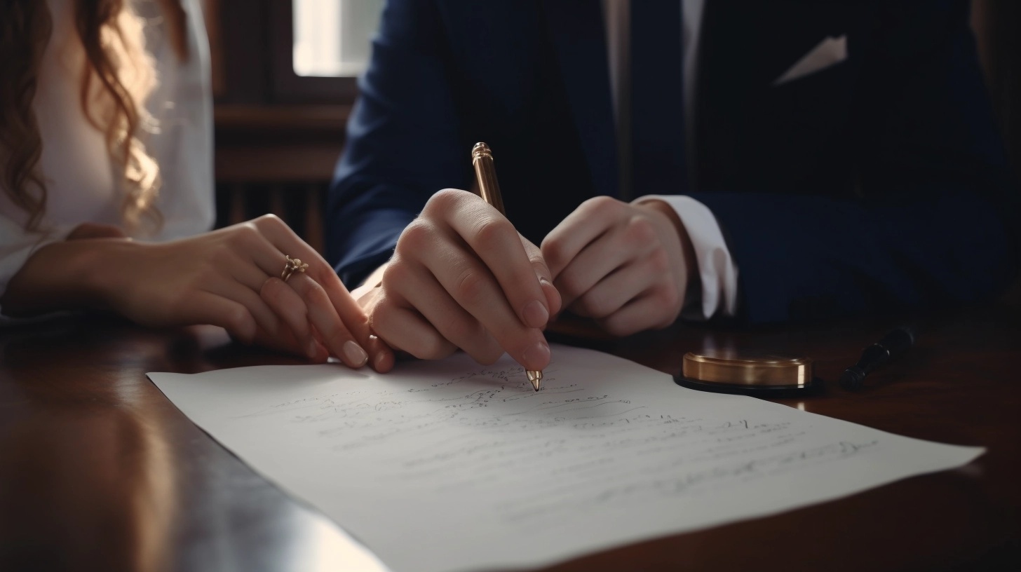 Jeunes mariés signant un contrat de mariage.