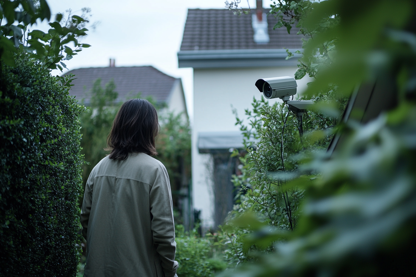 photo d'une femme dans son jardin, une caméra de surveillance est orientée vers sa pelouse.