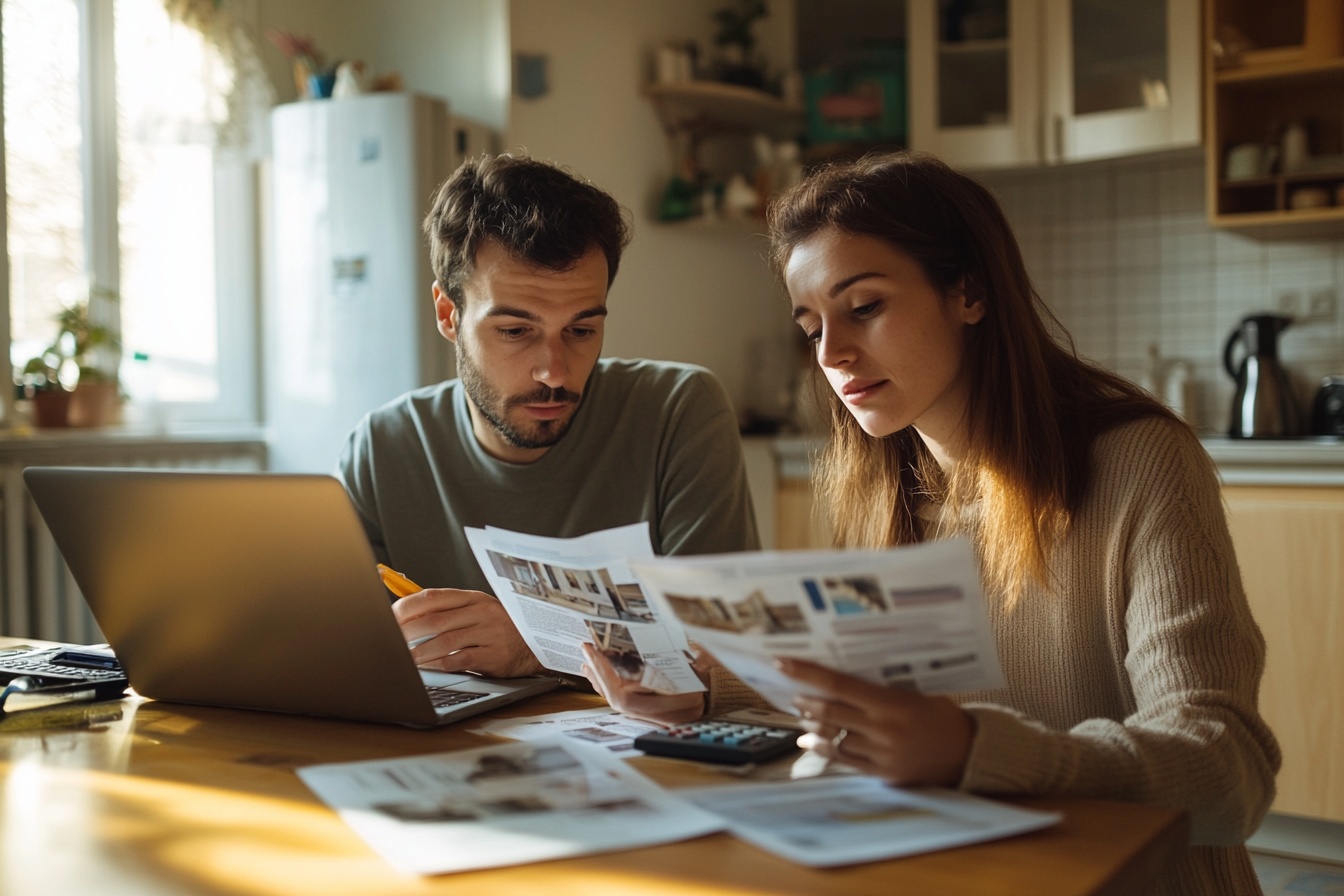 Jeune couple regardant la proposition financière d'une banque afin d'acheter une maison a credit en étant en interim.