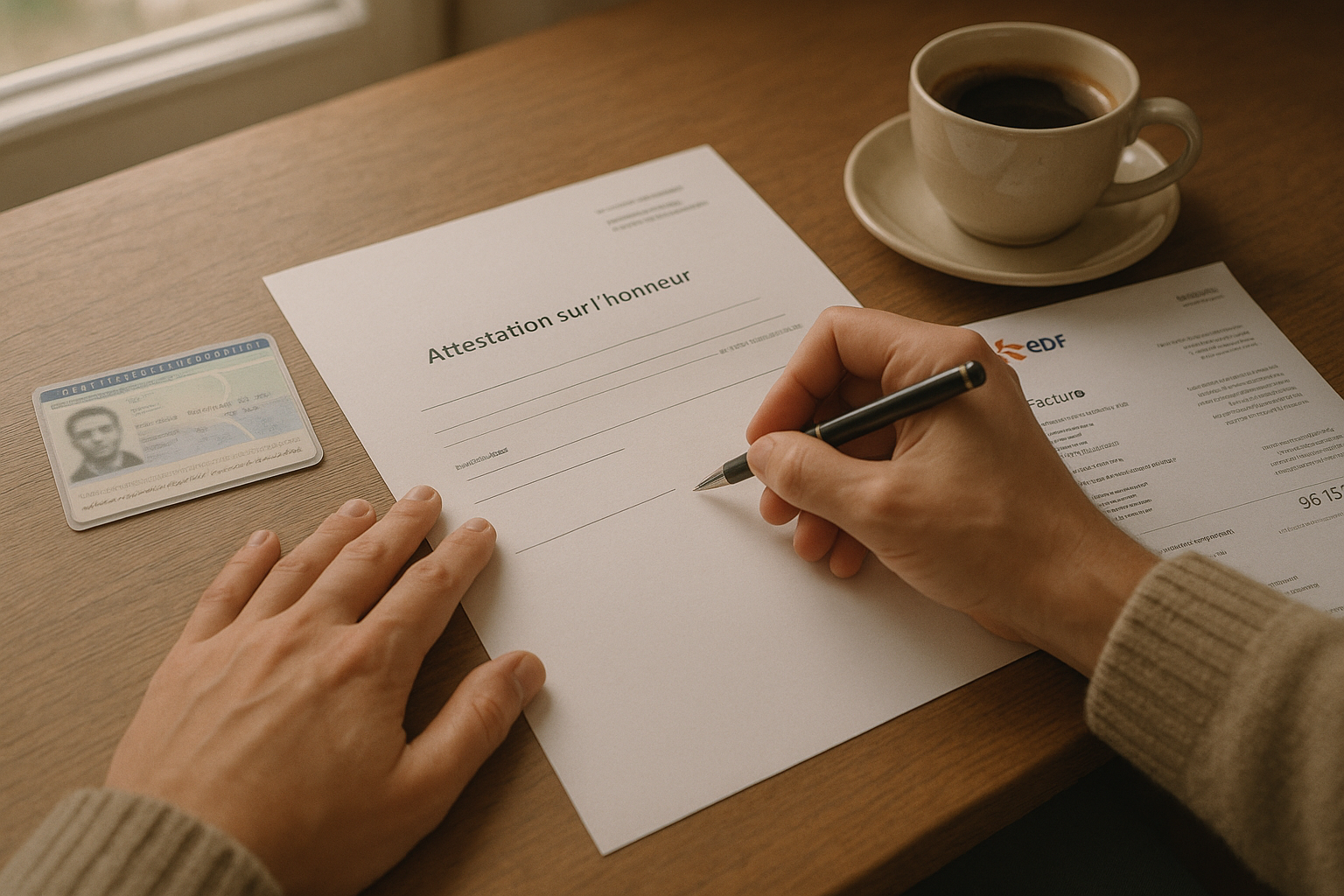 personne en train de signer une attestation d'hébergement, avec sa carte d'identité et un justificatif de domicile visible sur le bureau